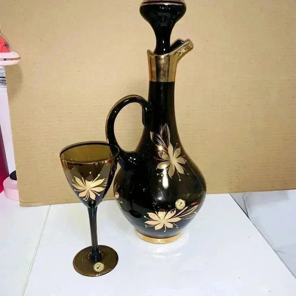 Romanian MidCent Smoked Glass 22k Gold Carafe Decanter Czech Bohemian - Picture 3 of 16